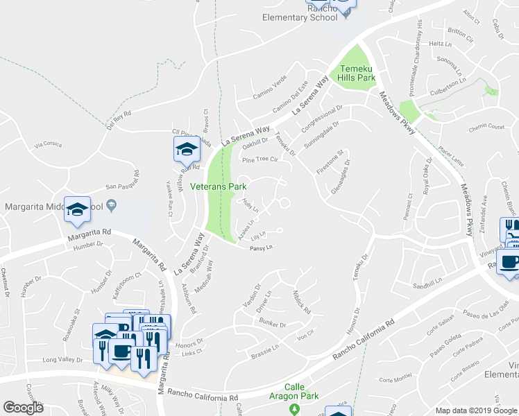 map of restaurants, bars, coffee shops, grocery stores, and more near 31130 South General Kearny Road in Temecula