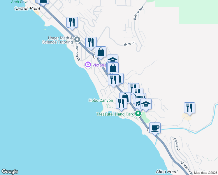 map of restaurants, bars, coffee shops, grocery stores, and more near in Laguna Beach