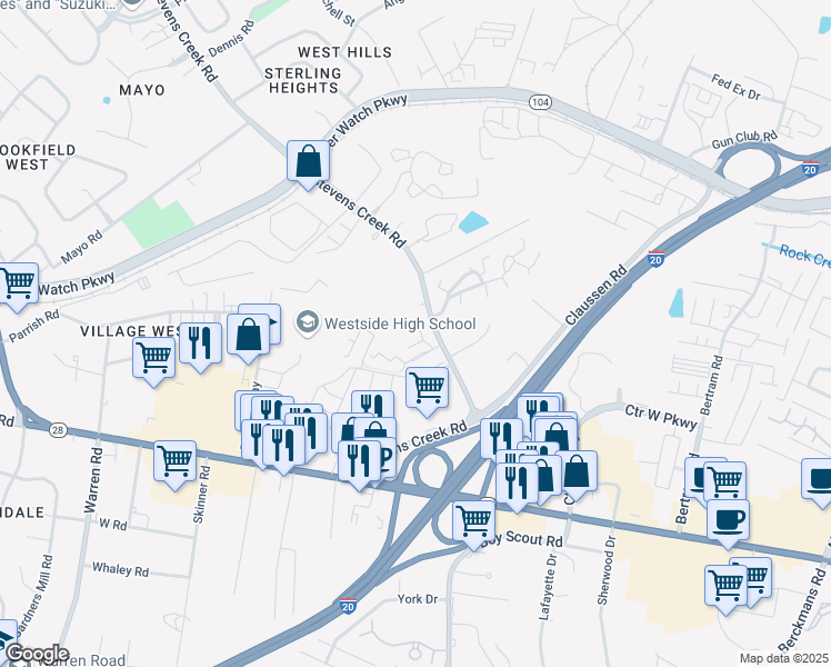 map of restaurants, bars, coffee shops, grocery stores, and more near 110 Point Place in Augusta