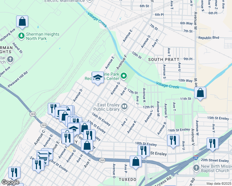 map of restaurants, bars, coffee shops, grocery stores, and more near 1224 Avenue G in Birmingham