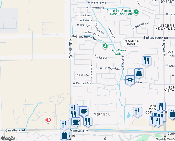 map of restaurants, bars, coffee shops, grocery stores, and more near 18812 West San Juan Avenue in Litchfield Park