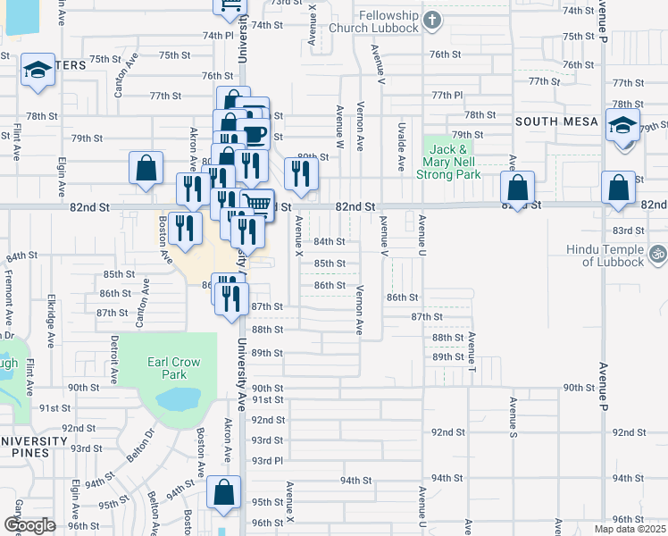 map of restaurants, bars, coffee shops, grocery stores, and more near 2211 85th Street in Lubbock