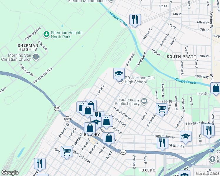 map of restaurants, bars, coffee shops, grocery stores, and more near 1401 Avenue East in Birmingham