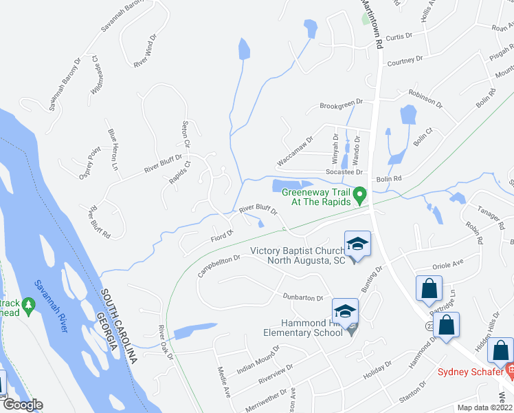 map of restaurants, bars, coffee shops, grocery stores, and more near River Bluff Drive in North Augusta