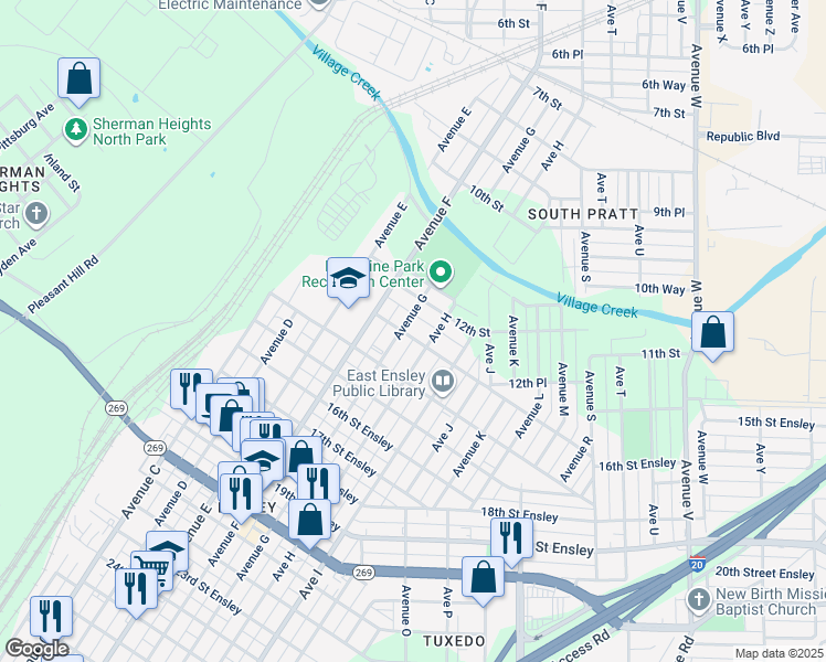 map of restaurants, bars, coffee shops, grocery stores, and more near 1224 Avenue G in Birmingham