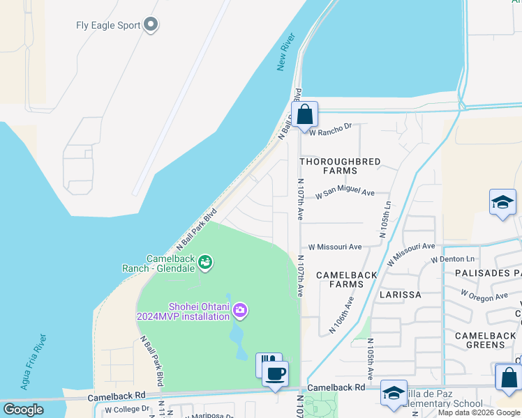 map of restaurants, bars, coffee shops, grocery stores, and more near 10833 West San Juan Avenue in Phoenix