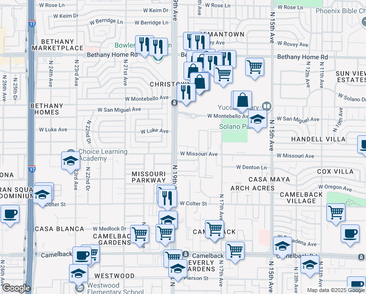 map of restaurants, bars, coffee shops, grocery stores, and more near 5501 North 19th Avenue in Phoenix