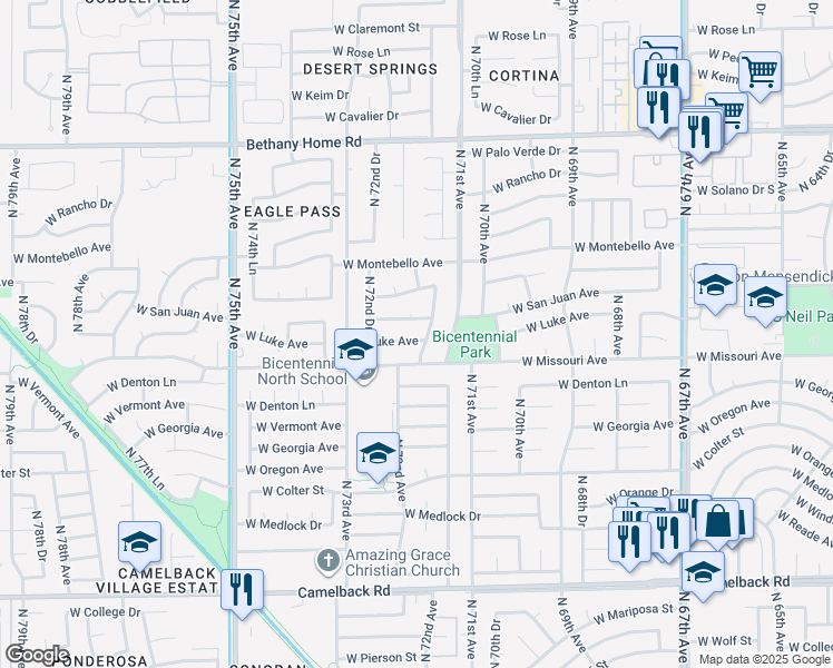 map of restaurants, bars, coffee shops, grocery stores, and more near 7206 West Luke Avenue in Glendale