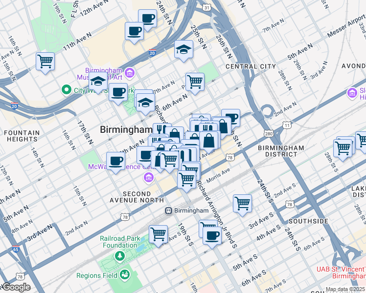 map of restaurants, bars, coffee shops, grocery stores, and more near 301 Richard Arrington Junior Boulevard North in Birmingham