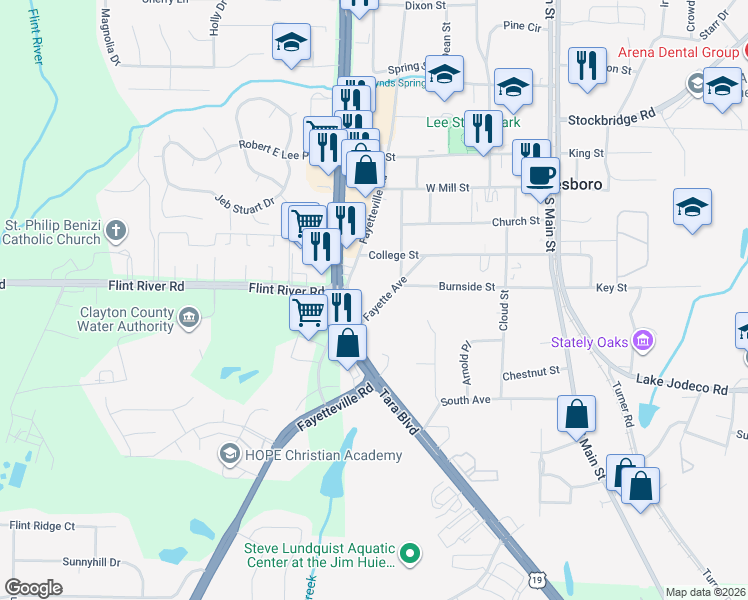map of restaurants, bars, coffee shops, grocery stores, and more near 170 Fayette Avenue in Jonesboro