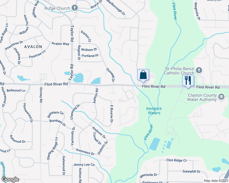 map of restaurants, bars, coffee shops, grocery stores, and more near 182 Rivergate Court in Jonesboro