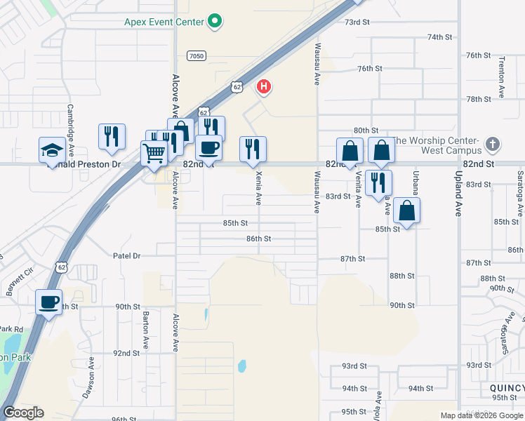 map of restaurants, bars, coffee shops, grocery stores, and more near 7531 84th Street in Lubbock