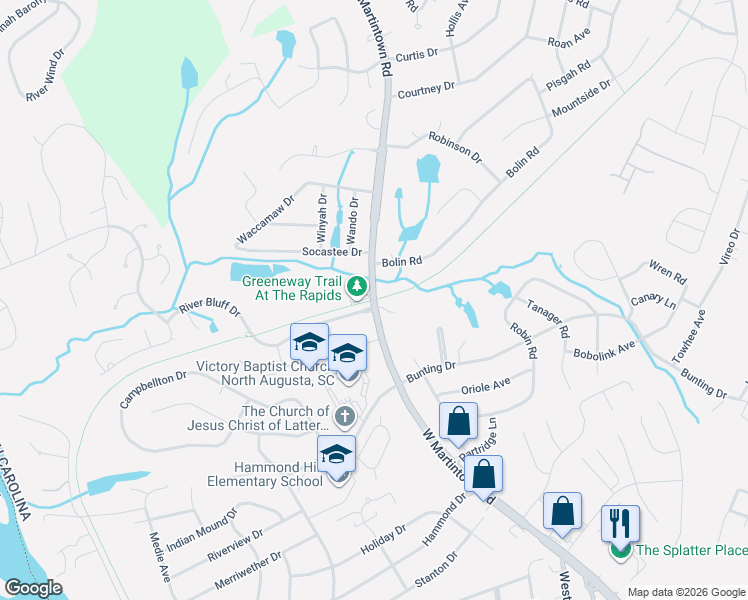map of restaurants, bars, coffee shops, grocery stores, and more near West Martintown Road in North Augusta