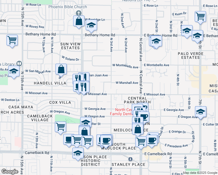 map of restaurants, bars, coffee shops, grocery stores, and more near 5520 North 3rd Avenue in Phoenix