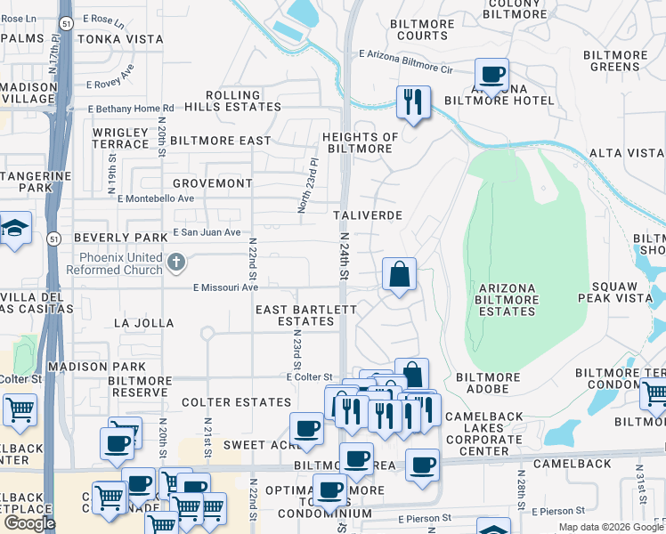 map of restaurants, bars, coffee shops, grocery stores, and more near 5516 North 24th Street in Phoenix