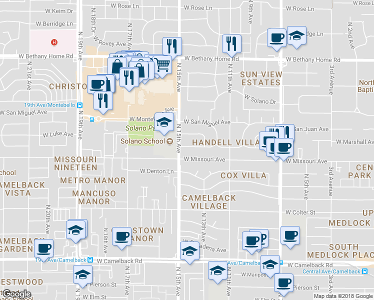 map of restaurants, bars, coffee shops, grocery stores, and more near 1413 West Marshall Avenue in Phoenix