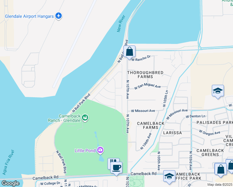 map of restaurants, bars, coffee shops, grocery stores, and more near 10740 West San Juan Avenue in Phoenix