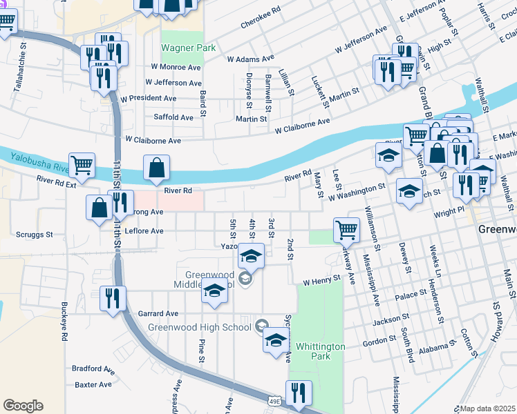 map of restaurants, bars, coffee shops, grocery stores, and more near 1108 Strong Avenue in Greenwood