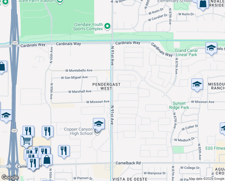 map of restaurants, bars, coffee shops, grocery stores, and more near 8938 West Marshall Avenue in Glendale