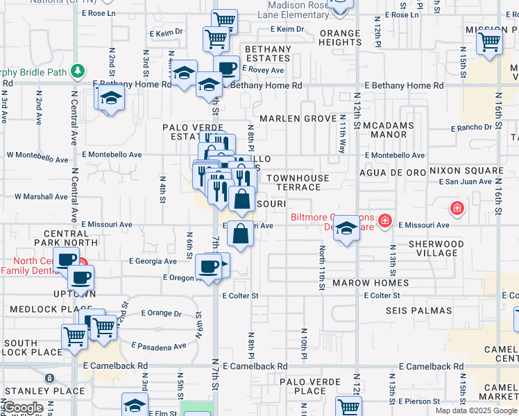 map of restaurants, bars, coffee shops, grocery stores, and more near 808 East Missouri Avenue in Phoenix