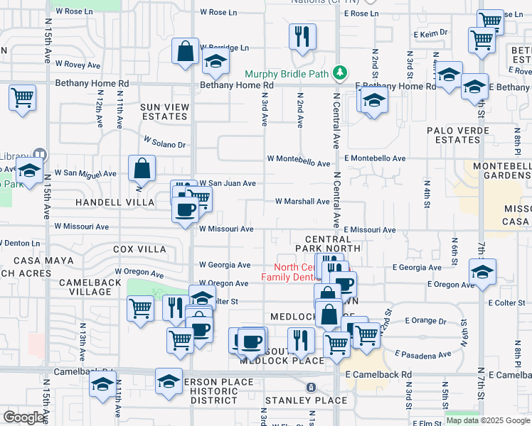 map of restaurants, bars, coffee shops, grocery stores, and more near 240 West Missouri Avenue in Phoenix