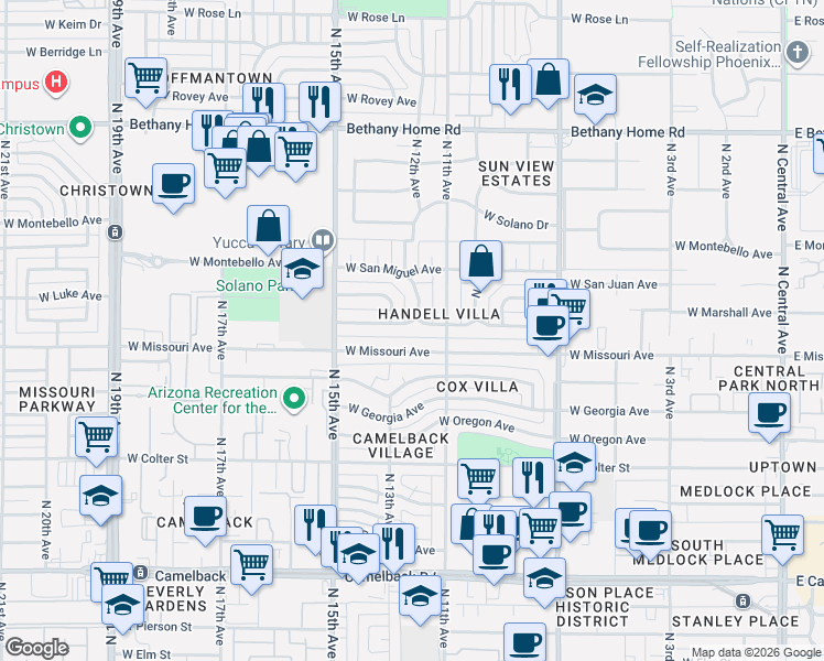map of restaurants, bars, coffee shops, grocery stores, and more near 1115 West Marshall Avenue in Phoenix