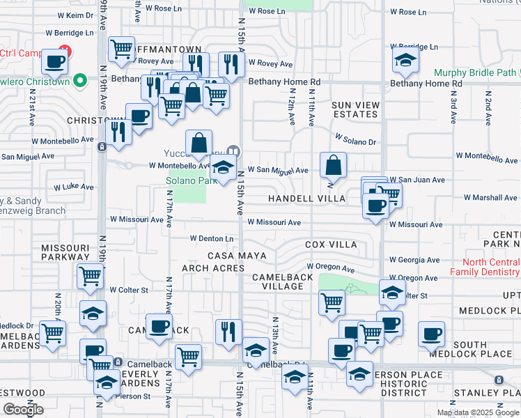 map of restaurants, bars, coffee shops, grocery stores, and more near 1413 West Marshall Avenue in Phoenix