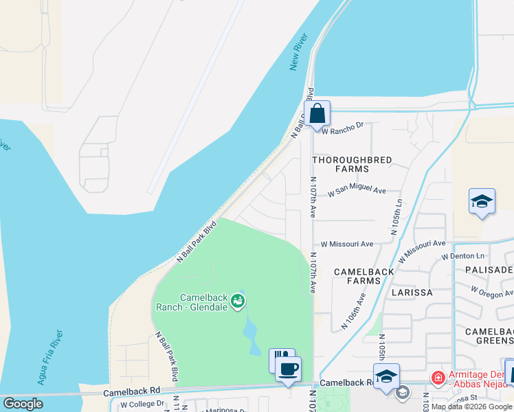 map of restaurants, bars, coffee shops, grocery stores, and more near 10833 West San Juan Avenue in Phoenix