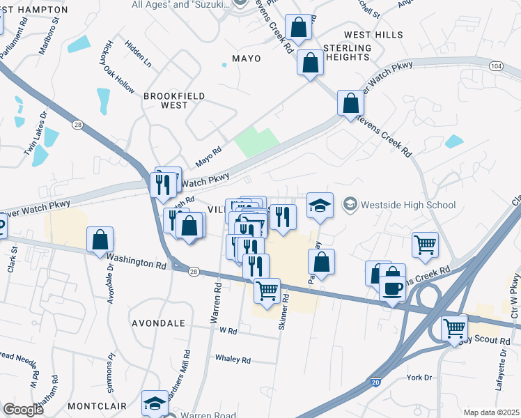 map of restaurants, bars, coffee shops, grocery stores, and more near 3106 Parrish Road in Augusta