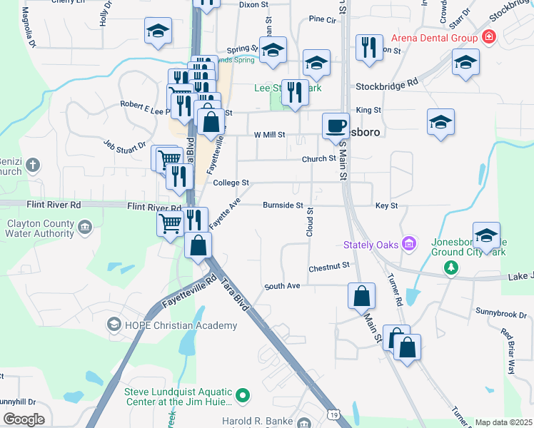 map of restaurants, bars, coffee shops, grocery stores, and more near 145 Burnside Street in Jonesboro
