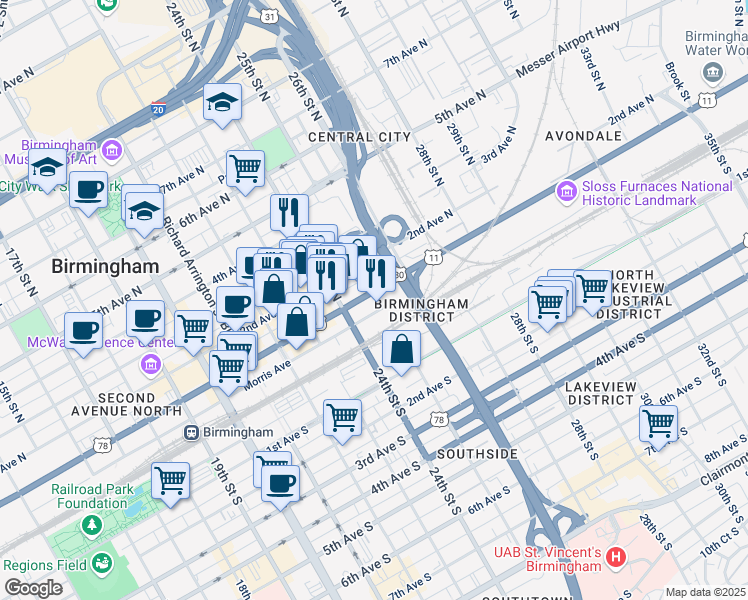 map of restaurants, bars, coffee shops, grocery stores, and more near 2427 1st Avenue North in Birmingham