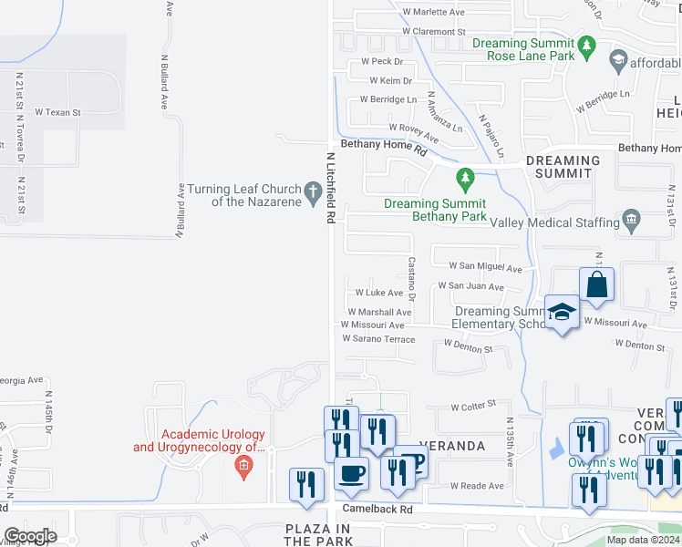 map of restaurants, bars, coffee shops, grocery stores, and more near 5618 North Laguna Drive in Litchfield Park