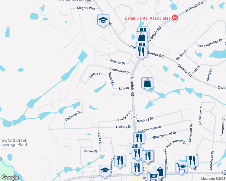 map of restaurants, bars, coffee shops, grocery stores, and more near 4518 Zola Drive in Evans