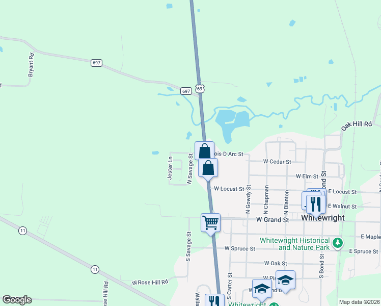map of restaurants, bars, coffee shops, grocery stores, and more near 801 Bois D Arc Street in Whitewright