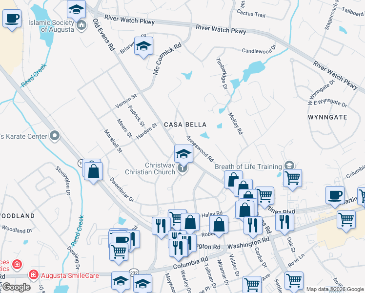 map of restaurants, bars, coffee shops, grocery stores, and more near 228 Old Evans Road in Augusta