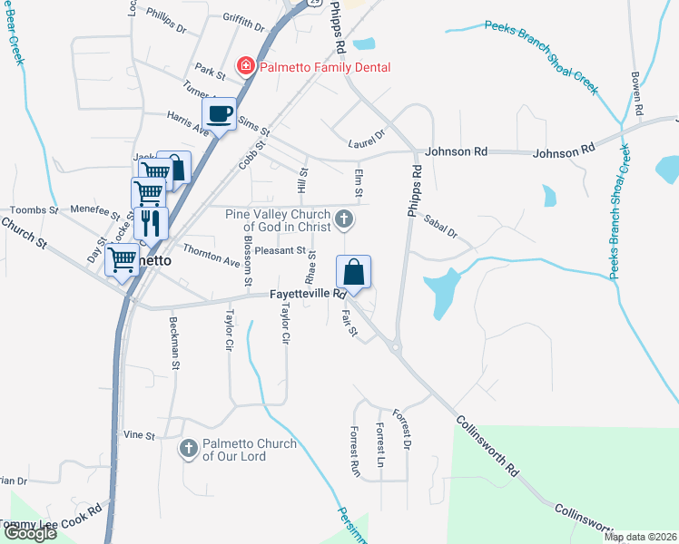 map of restaurants, bars, coffee shops, grocery stores, and more near 204 Camp Street in Palmetto