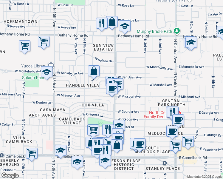 map of restaurants, bars, coffee shops, grocery stores, and more near 711 West Marshall Avenue in Phoenix