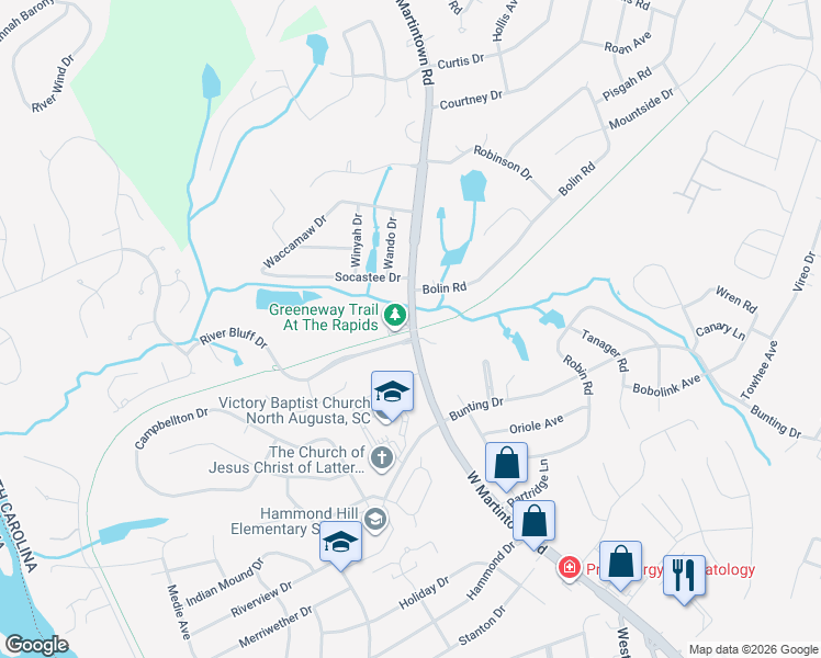 map of restaurants, bars, coffee shops, grocery stores, and more near North Augusta Greeneway Park in North Augusta
