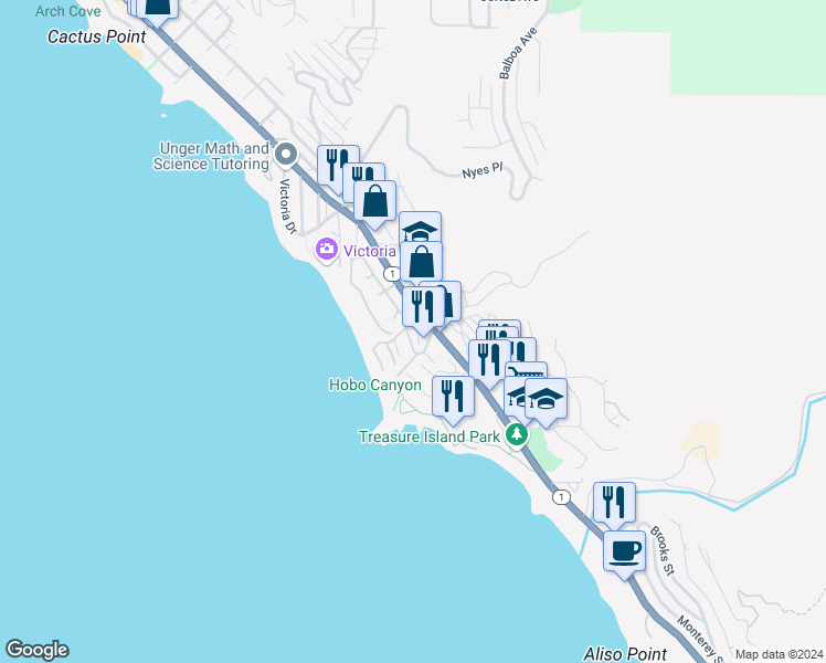 map of restaurants, bars, coffee shops, grocery stores, and more near 31 Blue Lag in Laguna Beach