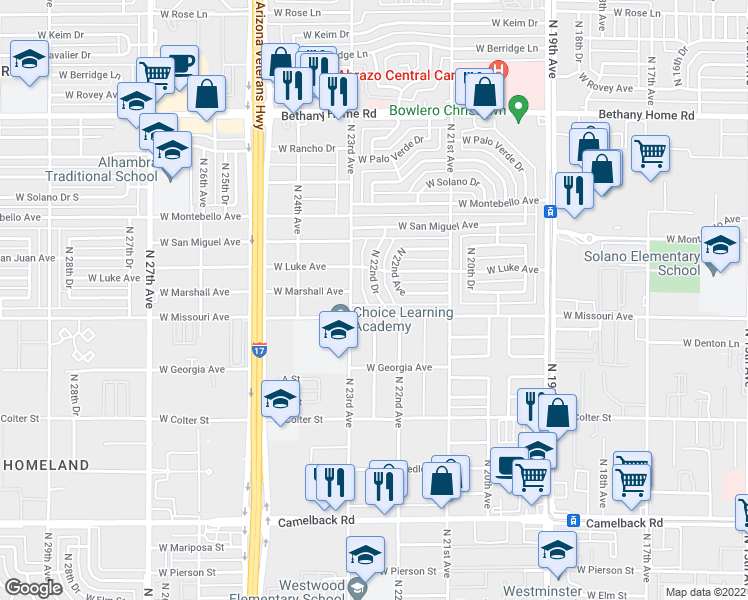 map of restaurants, bars, coffee shops, grocery stores, and more near 5510 North 22nd Drive in Phoenix