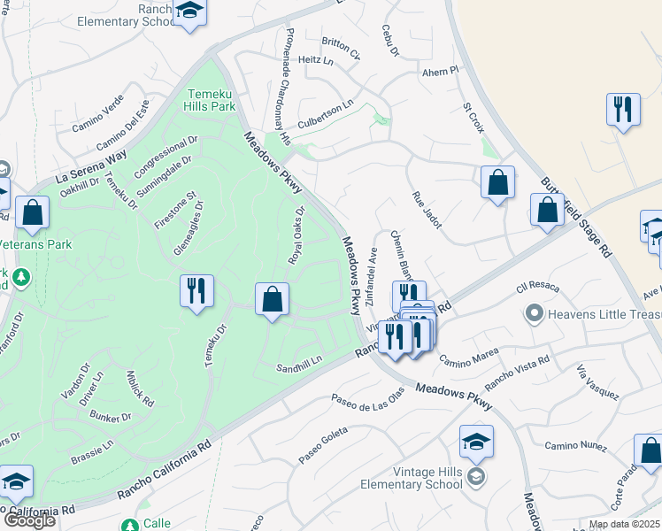 map of restaurants, bars, coffee shops, grocery stores, and more near 41691 Monterey Place in Temecula