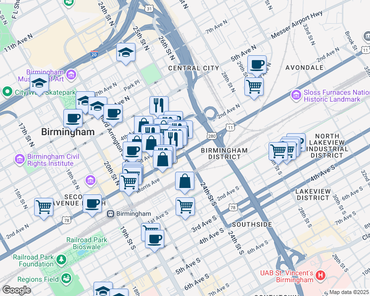map of restaurants, bars, coffee shops, grocery stores, and more near 109 24th Street North in Birmingham