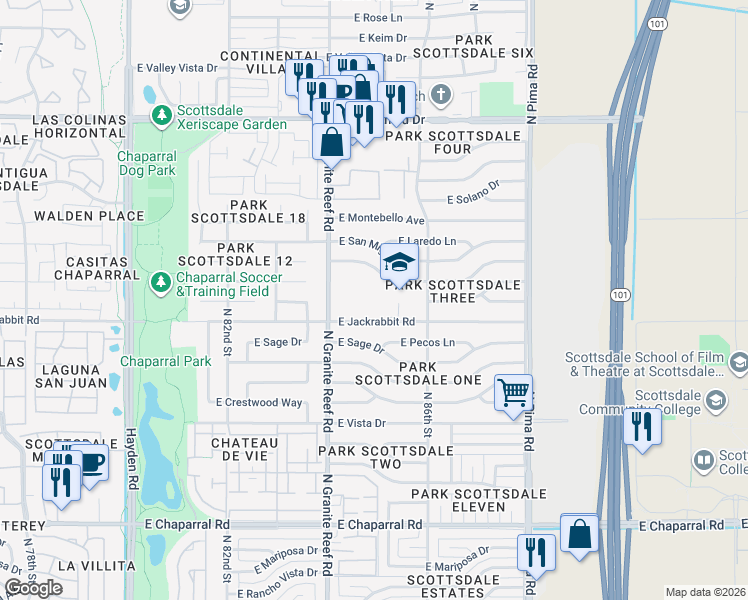 map of restaurants, bars, coffee shops, grocery stores, and more near 5520 North 86th Street in Scottsdale