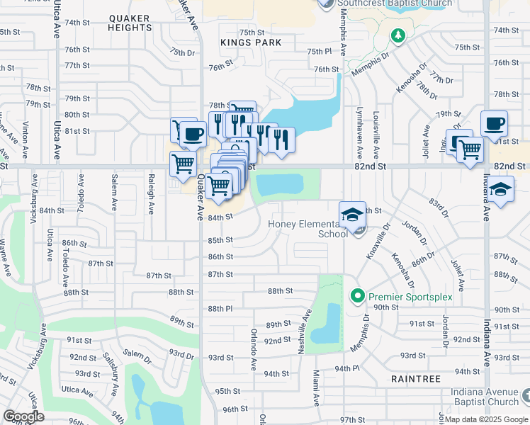 map of restaurants, bars, coffee shops, grocery stores, and more near 4105 84th Street in Lubbock