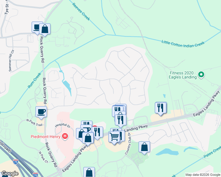 map of restaurants, bars, coffee shops, grocery stores, and more near 108 Holly Ridge Road in Stockbridge