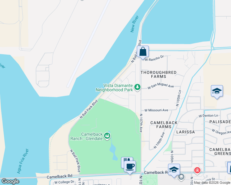 map of restaurants, bars, coffee shops, grocery stores, and more near 10833 West San Juan Avenue in Phoenix