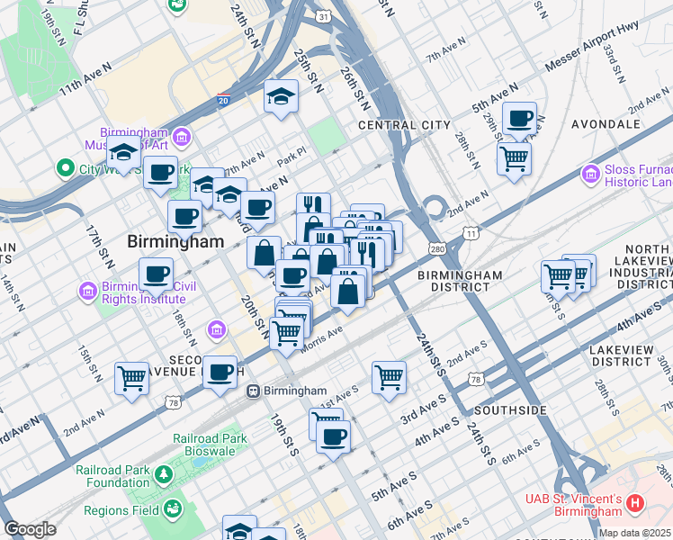 map of restaurants, bars, coffee shops, grocery stores, and more near 215 23rd Street North in Birmingham