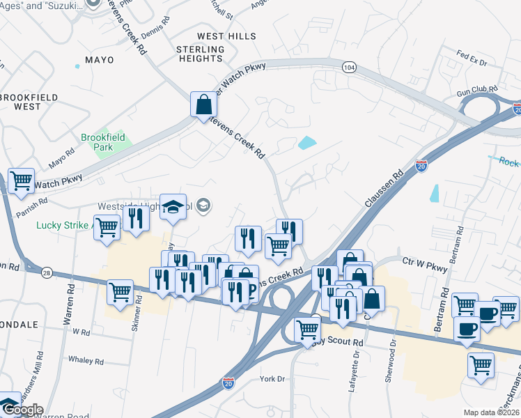 map of restaurants, bars, coffee shops, grocery stores, and more near 110 Point Place in Augusta