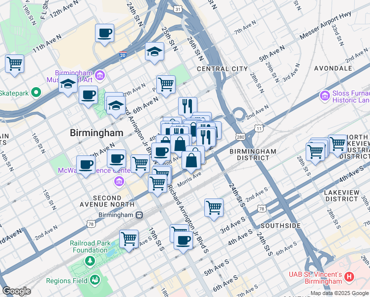 map of restaurants, bars, coffee shops, grocery stores, and more near in Birmingham