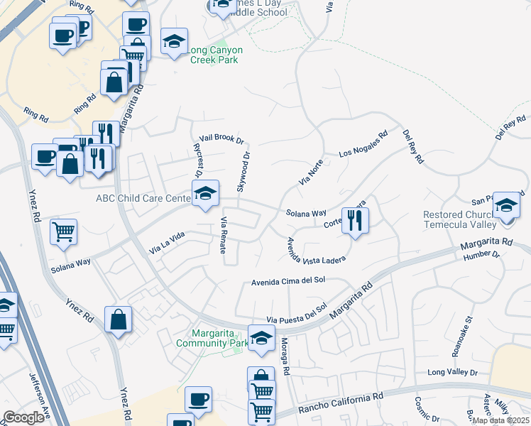 map of restaurants, bars, coffee shops, grocery stores, and more near 29786 Calle Pantano in Temecula